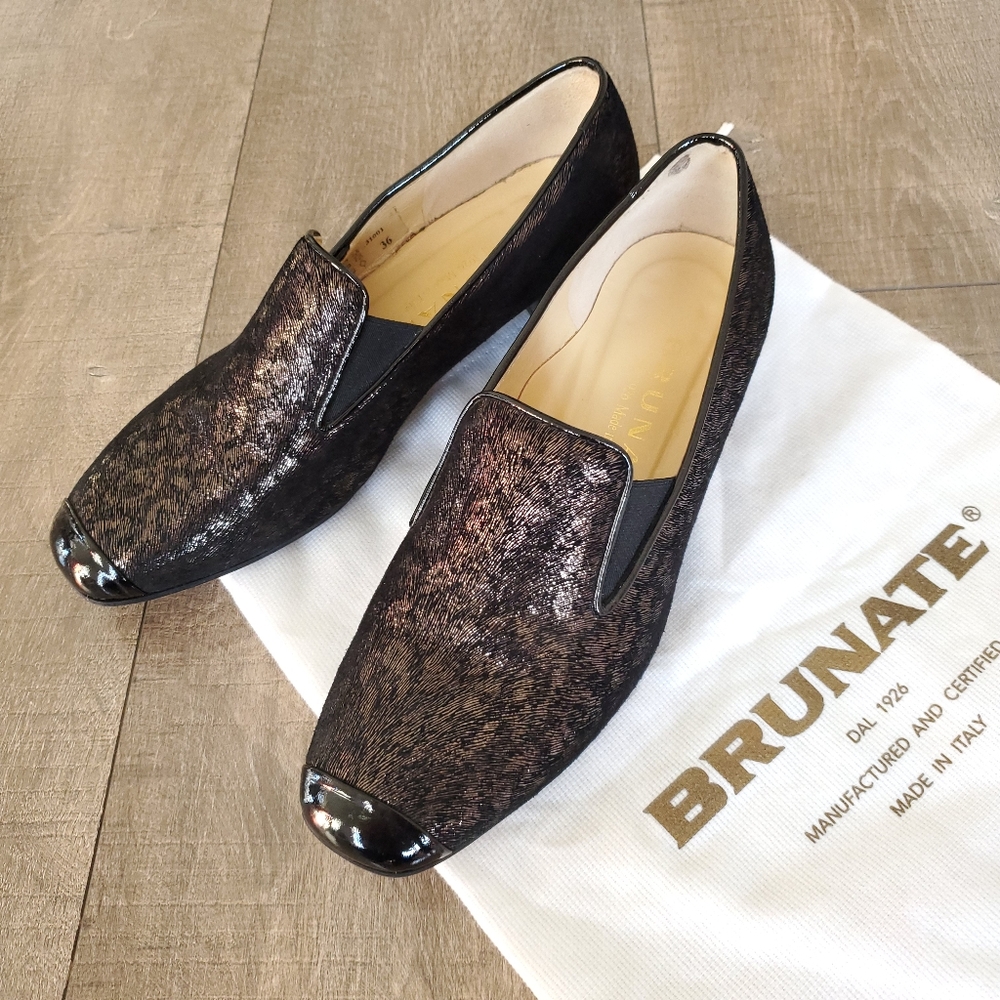 Brunate Women's Slip On Italian Loafers Black Metallic Shimmer Size 6